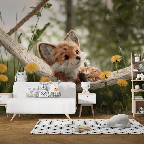 Adorable baby fox relaxing in hammock surrounded by dandelions in nature wallpaper