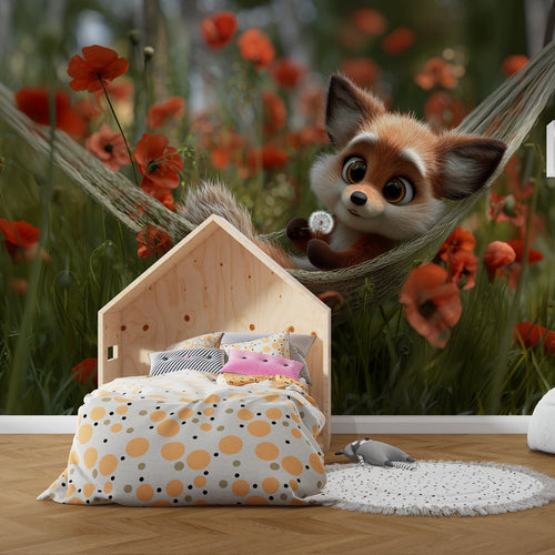 Charming fox in hammock surrounded by red poppies floral relaxation wallpaper