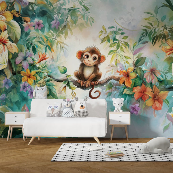 Tropical Monkey Wallpaper | Playful Colorful Wall Mural