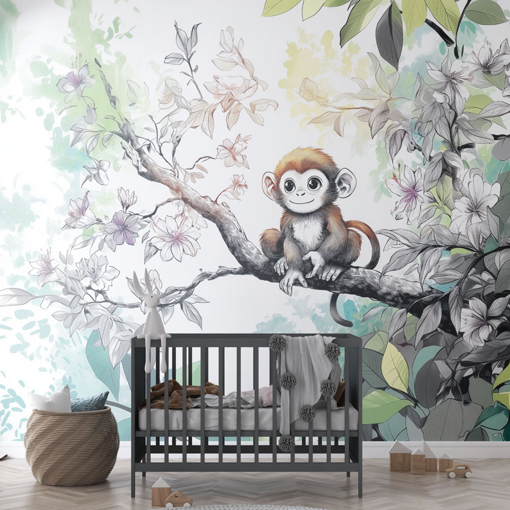 Adorable Monkey Wallpaper | Floral Jungle Wall Mural