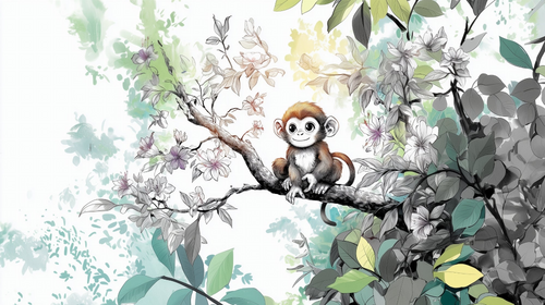 Adorable Monkey Wallpaper | Floral Jungle Wall Mural