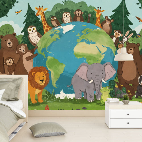 Kids animal wallpaper with elephants giraffes and lions gathered around a painted world globe
