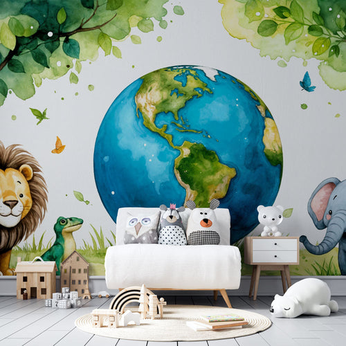 Magical animal wallpaper with a lion elephant and frog in a lush storybook forest