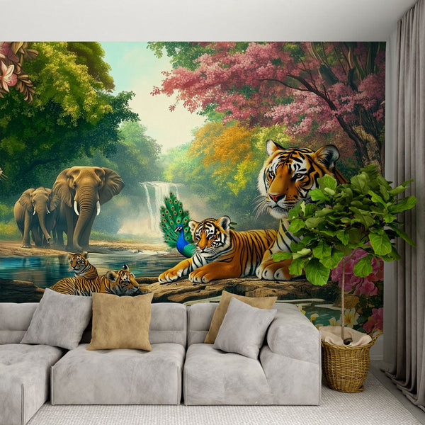 Jungle Wallpaper | Exotic Animals Waterfall Wall Mural