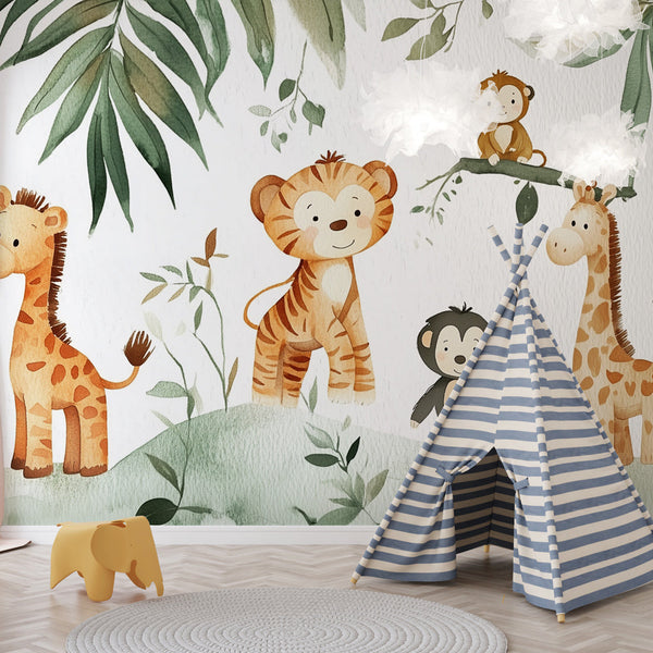 Kids Jungle Wallpaper | Cute Watercolor Animals Wall Mural