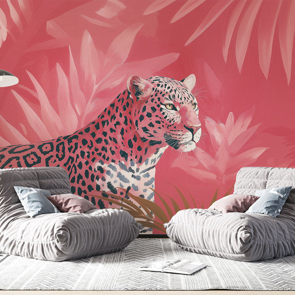 Leopard Wallpaper | Tropical Pink Foliage Design
