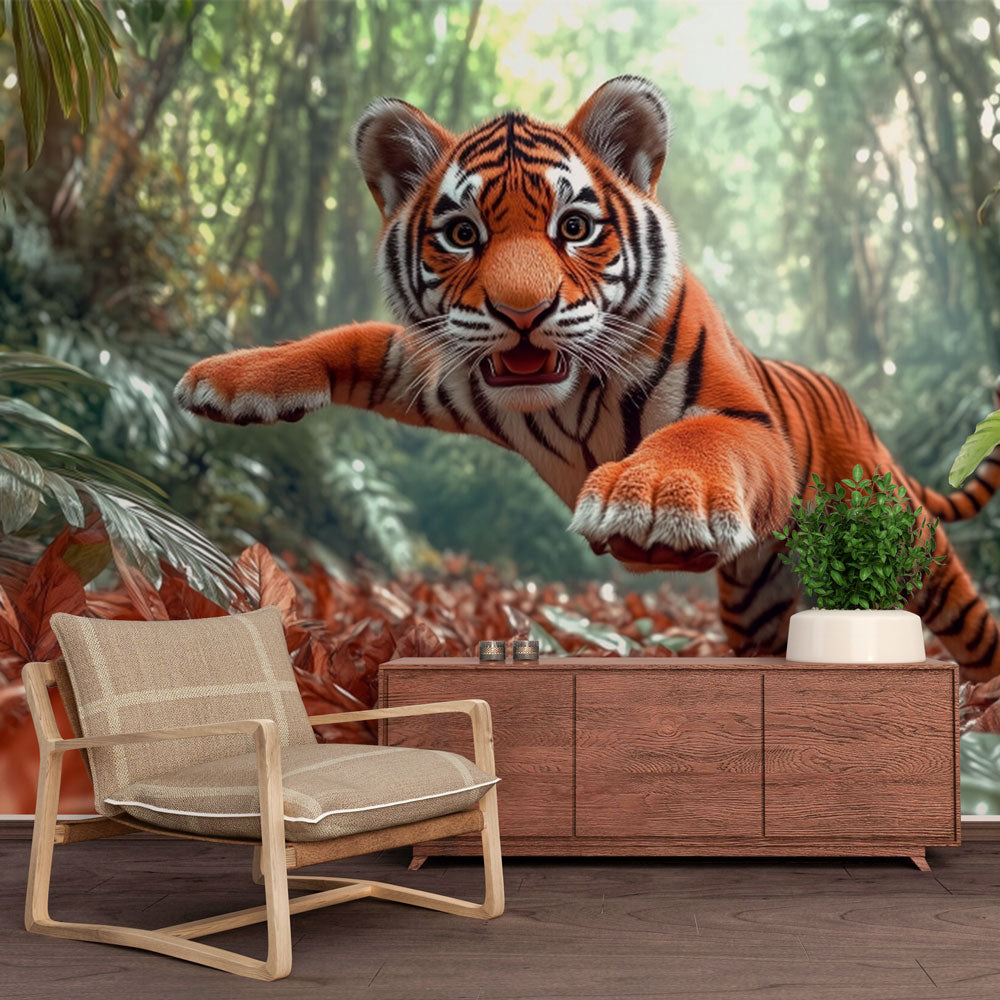 Leaping Tiger Wallpaper | Dynamic Jungle Wall Mural