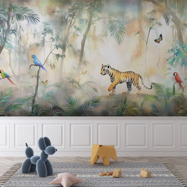 Jungle Wallpaper | Tropical Forest with Tiger and Parrots