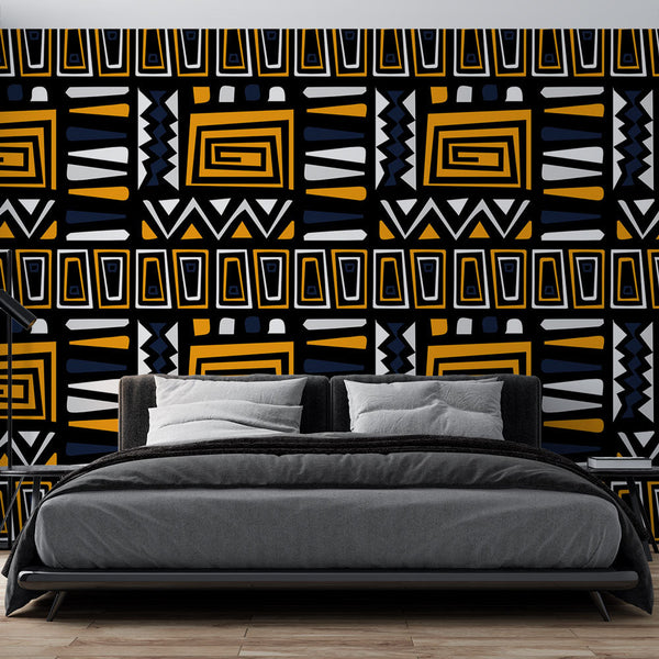 African Geometric Wallpaper | Black Yellow White Wall Mural