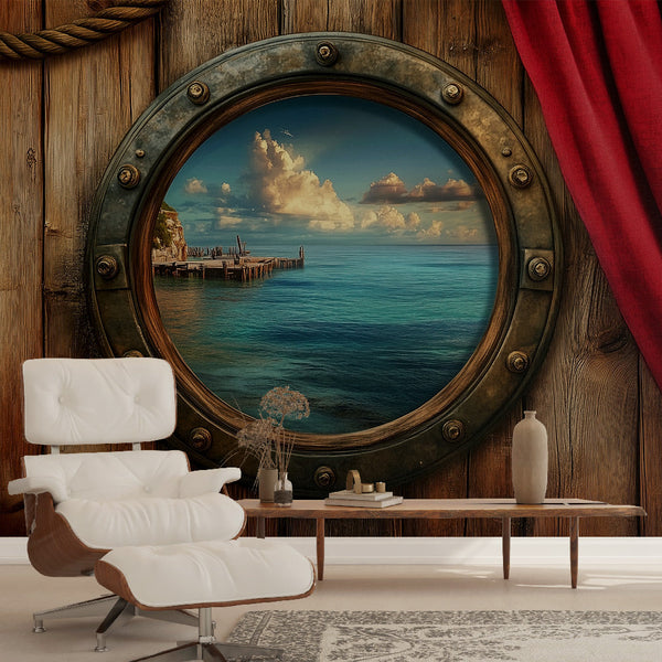 Porthole wallpaper | Coastal landscape wall mural
