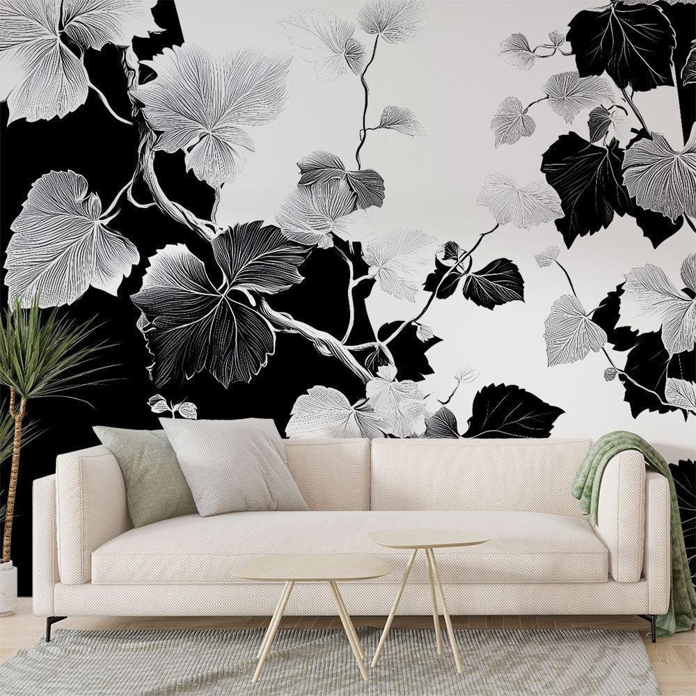 Foliage Wallpaper | Elegant Black and White Leaf Design