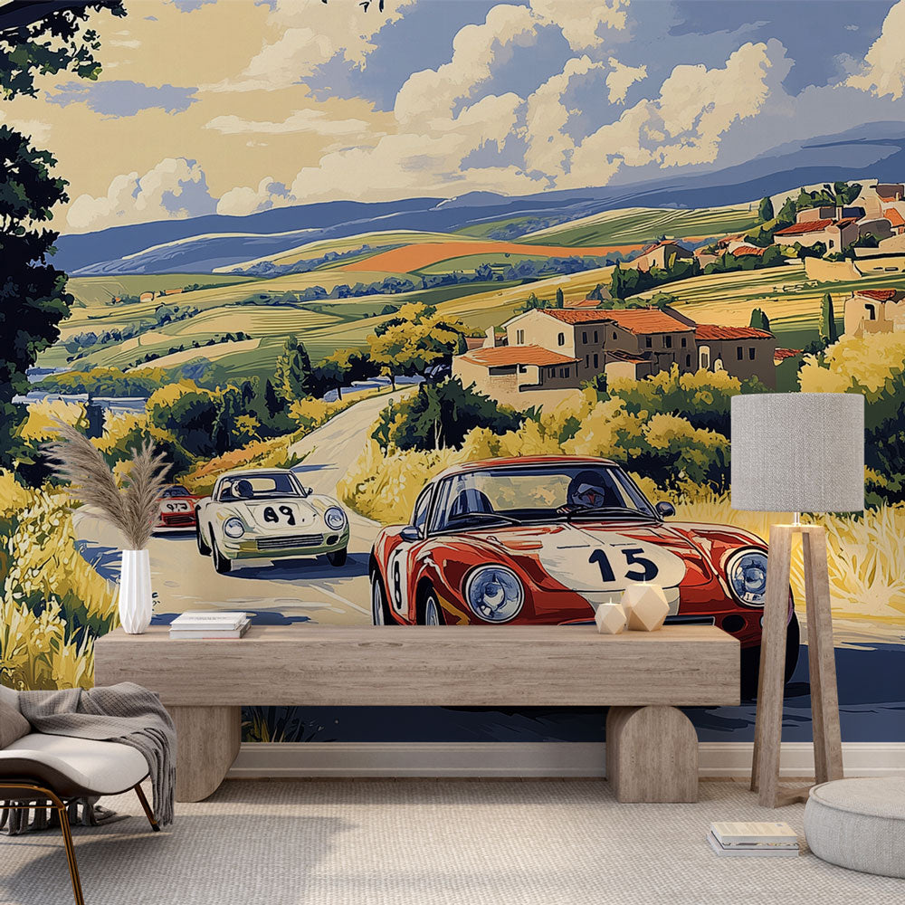 Race Car Wallpaper | Vintage Countryside Landscape