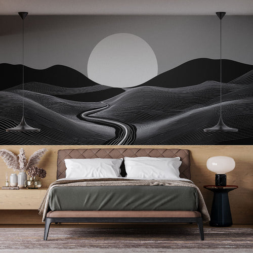 Abstract landscape wallpaper with wavy black and white lines forming minimalist sunset