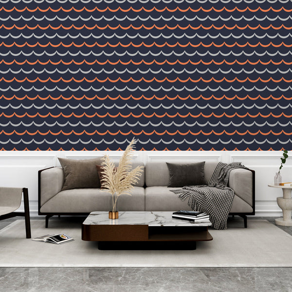 Wave wallpaper | Navy blue and orange graphic pattern