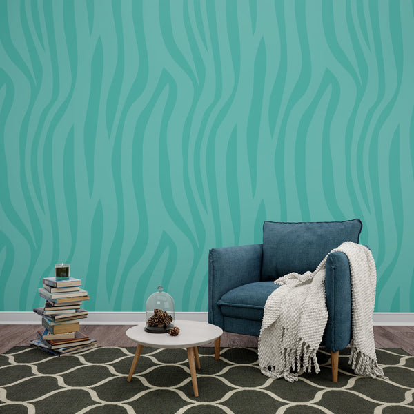 Zebra Wallpaper | Wavy Turquoise Blue Wall Mural