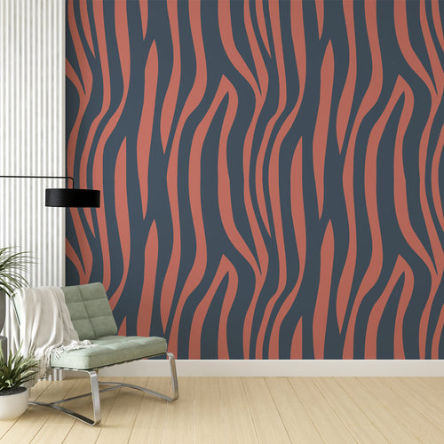 Abstract striped wallpaper in navy blue and coral wavy lines